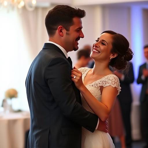 Candid shot of a wedding couple laughing during their first dance